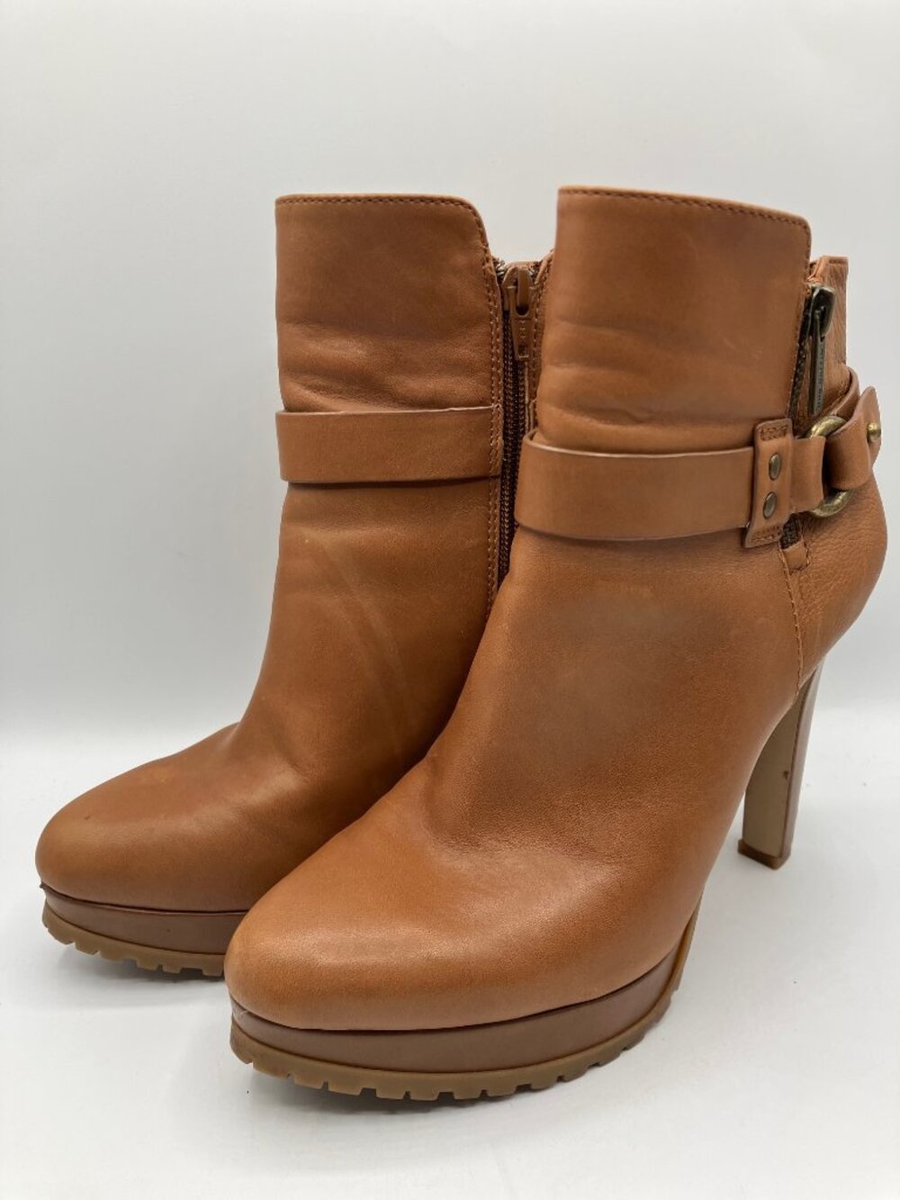 Leather High Heel Boots Gianni Bini 8M Camel Colorway Side Zip